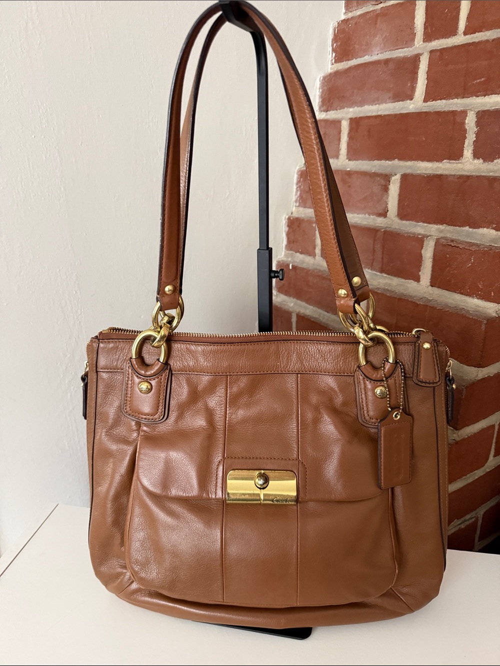 Coach Tan Brown Leather Shoulder Bag with Gold Hardware